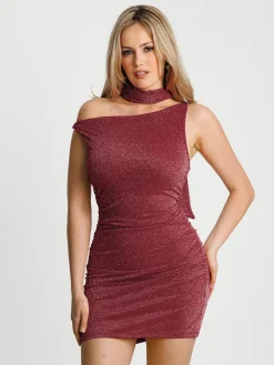 Asymmetric Shoulder Tie Ruched Sculpting Mini Dress
