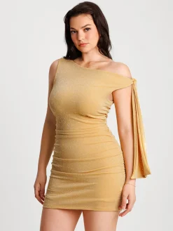 Asymmetric Shoulder Tie Ruched Sculpting Mini Dress