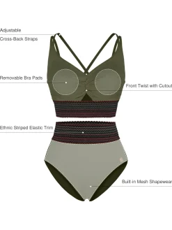Boho Trim High Waist Tummy Control Bikini Set