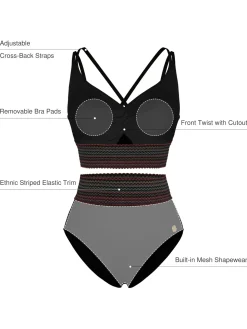 Boho Trim High Waist Tummy Control Bikini Set