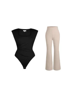 Day To Night Set Solid Sculpting Bodysuit Built-in Shapewear Pants