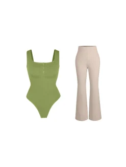 Day To Night Set Square Neck Tank Bodysuit Built-in Shapewear Pants