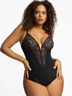 Deep-V Neck Lace Shapewear Bodysuit Leather Midi Skirt Set