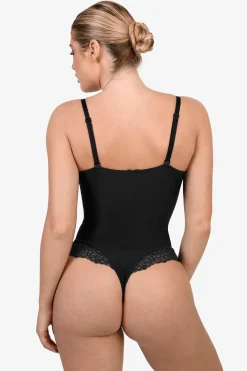 Deep-V Neck Lace Shapewear Bodysuit Leather Midi Skirt Set