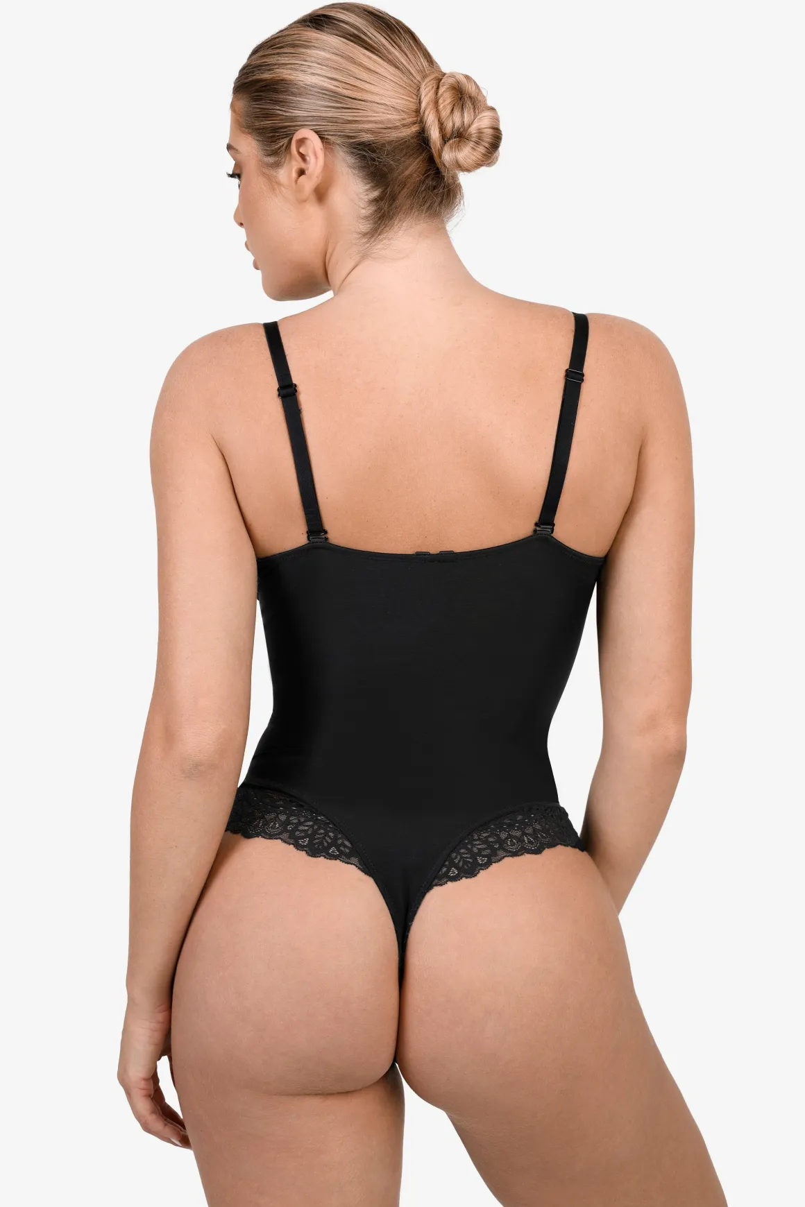 Deep-V Neck Lace Shapewear Bodysuit Leather Midi Skirt Set