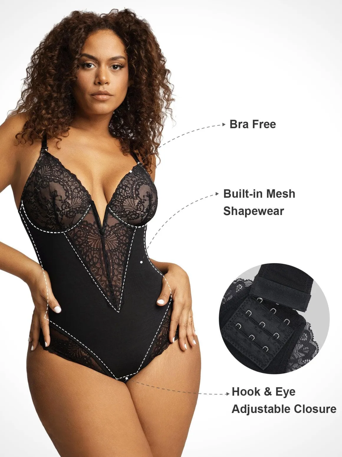 Deep-V Neck Lace Shapewear Bodysuit Leather Midi Skirt Set