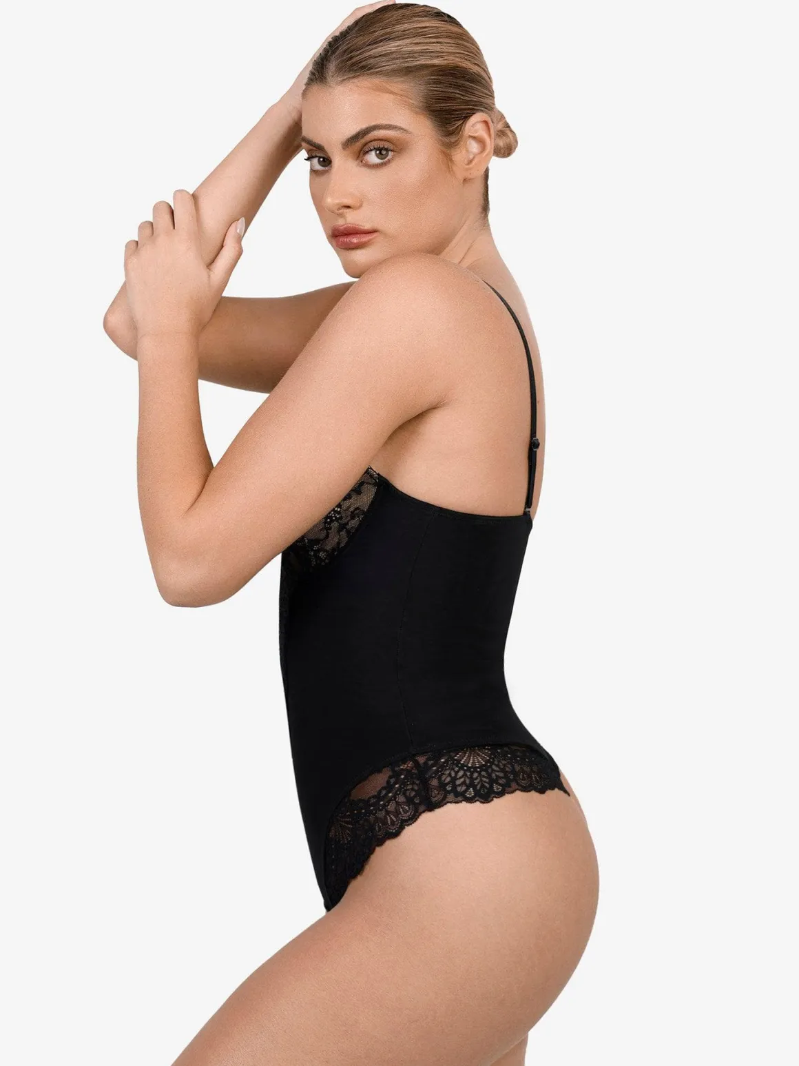 Deep-V Neck Lace Shapewear Bodysuit Leather Midi Skirt Set