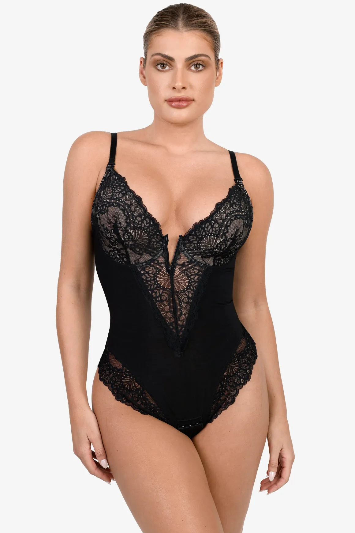 Deep-V Neck Lace Shapewear Bodysuit Leather Midi Skirt Set