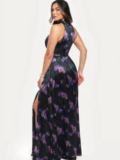 Draped High Neck Sculpting Floral-Print Maxi Dress