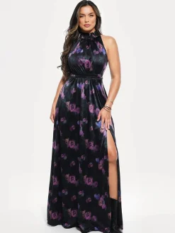 Draped High Neck Sculpting Floral-Print Maxi Dress