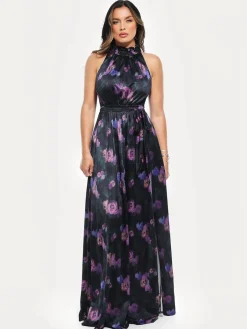 Draped High Neck Sculpting Floral-Print Maxi Dress