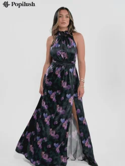 Draped High Neck Sculpting Floral-Print Maxi Dress