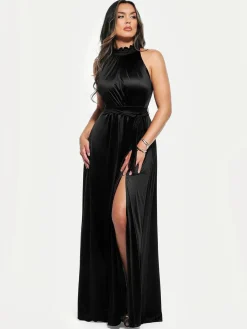 Draped High Neck Sculpting Floral-Print Maxi Dress