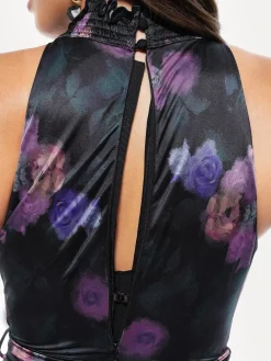 Draped High Neck Sculpting Floral-Print Maxi Dress