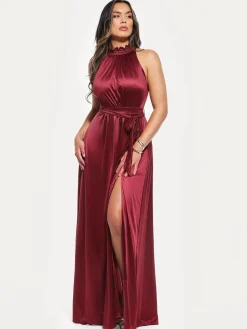 Draped High Neck Sculpting Floral-Print Maxi Dress