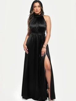 Draped High Neck Sculpting Floral-Print Maxi Dress