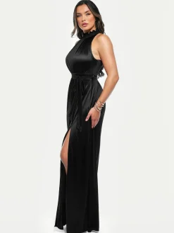 Draped High Neck Sculpting Floral-Print Maxi Dress