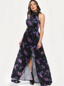Draped High Neck Sculpting Floral-Print Maxi Dress