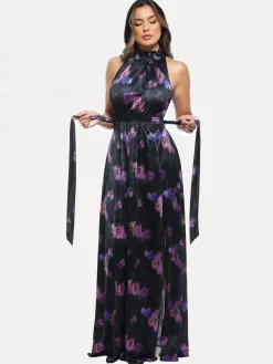 Draped High Neck Sculpting Floral-Print Maxi Dress