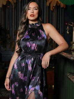 Draped High Neck Sculpting Floral-Print Maxi Dress