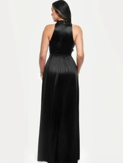 Draped High Neck Sculpting Floral-Print Maxi Dress