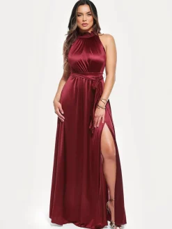 Draped High Neck Sculpting Floral-Print Maxi Dress