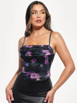 Draped Sculpting Floral-Print Camisole Top