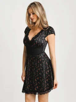 Lace Trim Sculpting Fit & Flare Mini Dress