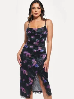 Lace Trim Sculpting Floral-Print Midi Dress