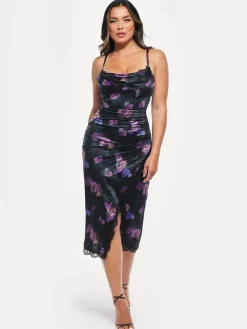 Lace Trim Sculpting Floral-Print Midi Dress