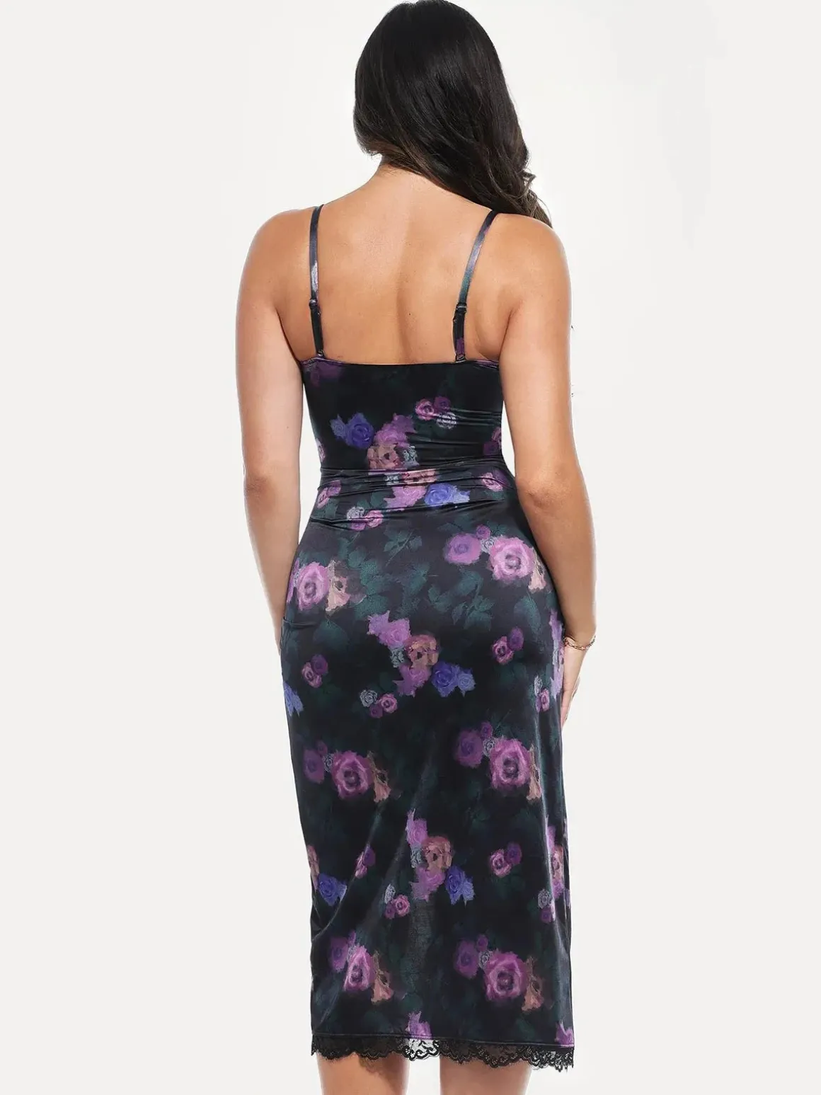 Lace Trim Sculpting Floral-Print Midi Dress