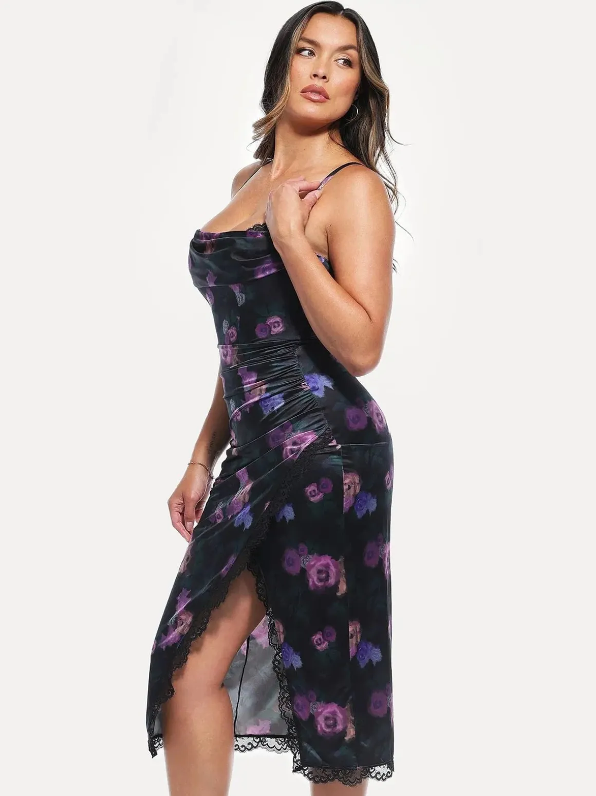 Lace Trim Sculpting Floral-Print Midi Dress