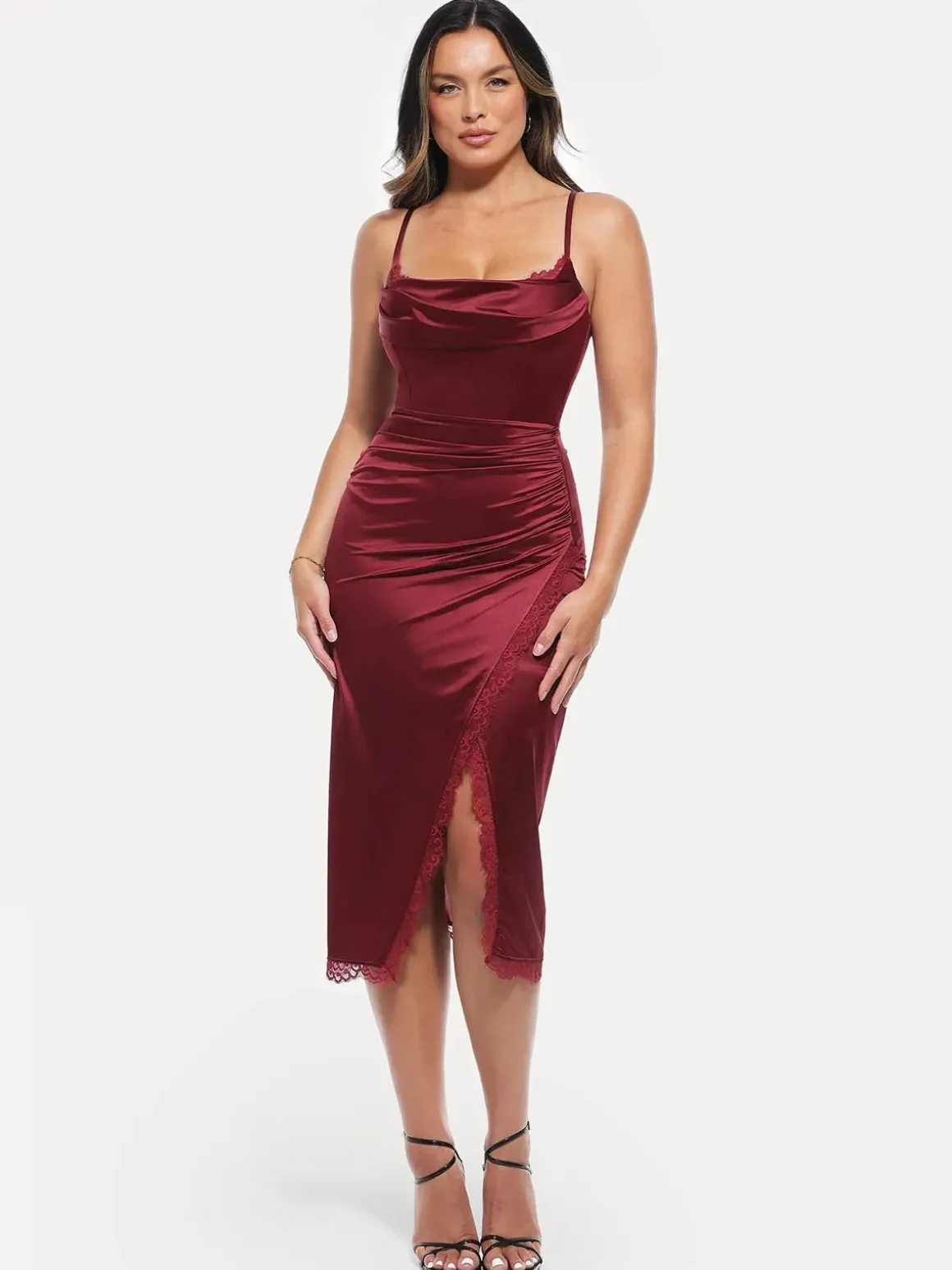 Lace Trim Sculpting Floral-Print Midi Dress