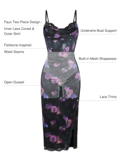 Lace Trim Sculpting Floral-Print Midi Dress