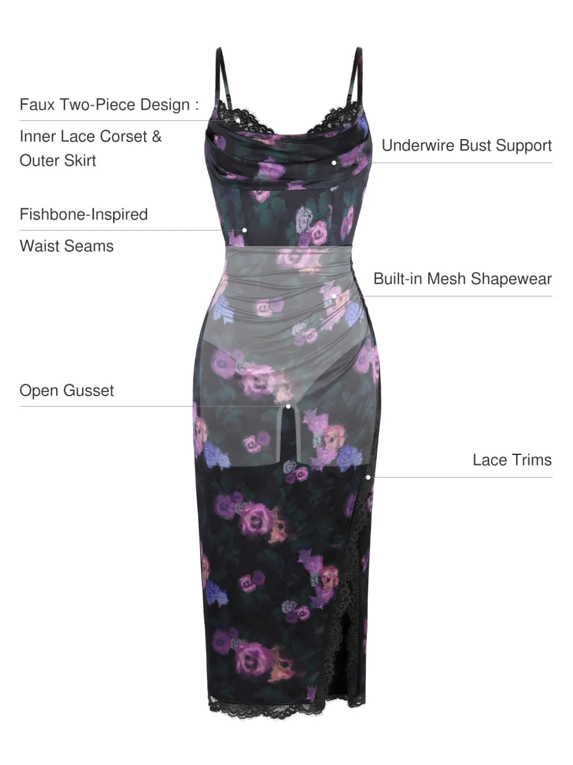 Lace Trim Sculpting Floral-Print Midi Dress