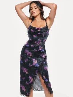 Lace Trim Sculpting Floral-Print Midi Dress