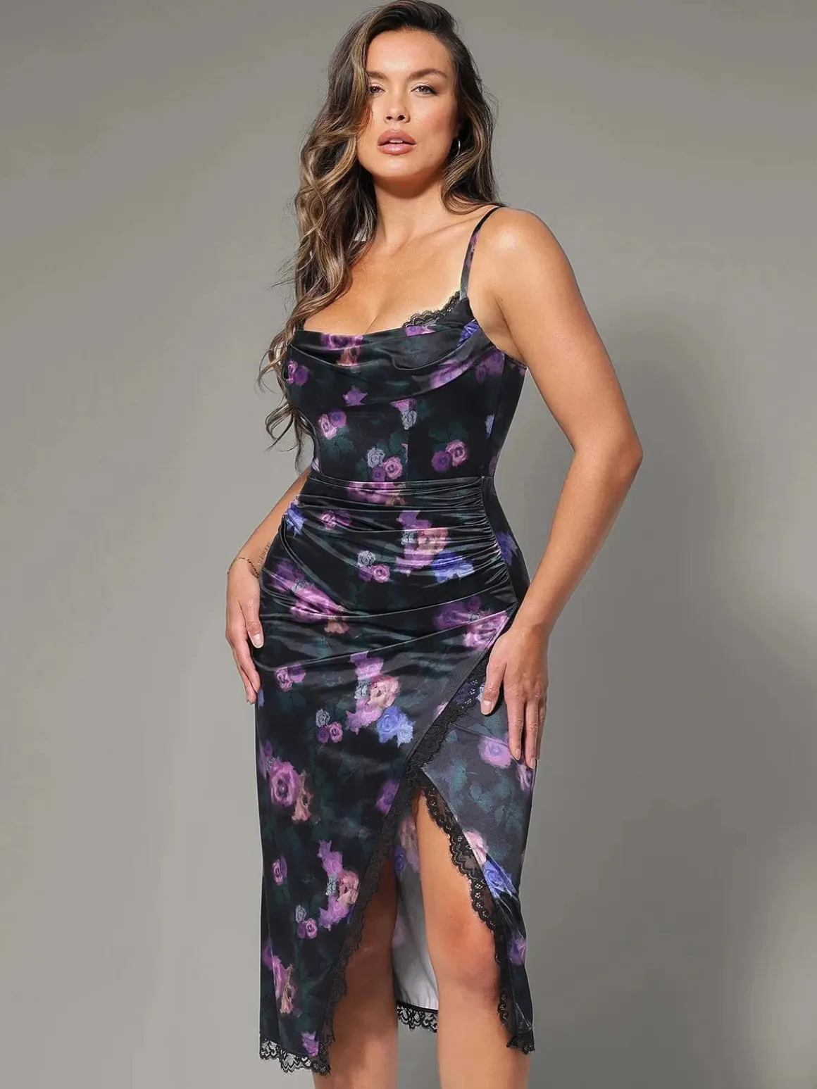 Lace Trim Sculpting Floral-Print Midi Dress