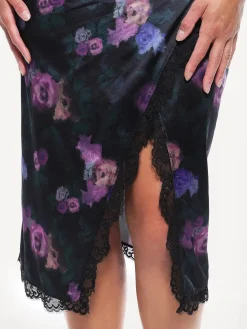 Lace Trim Sculpting Floral-Print Midi Dress