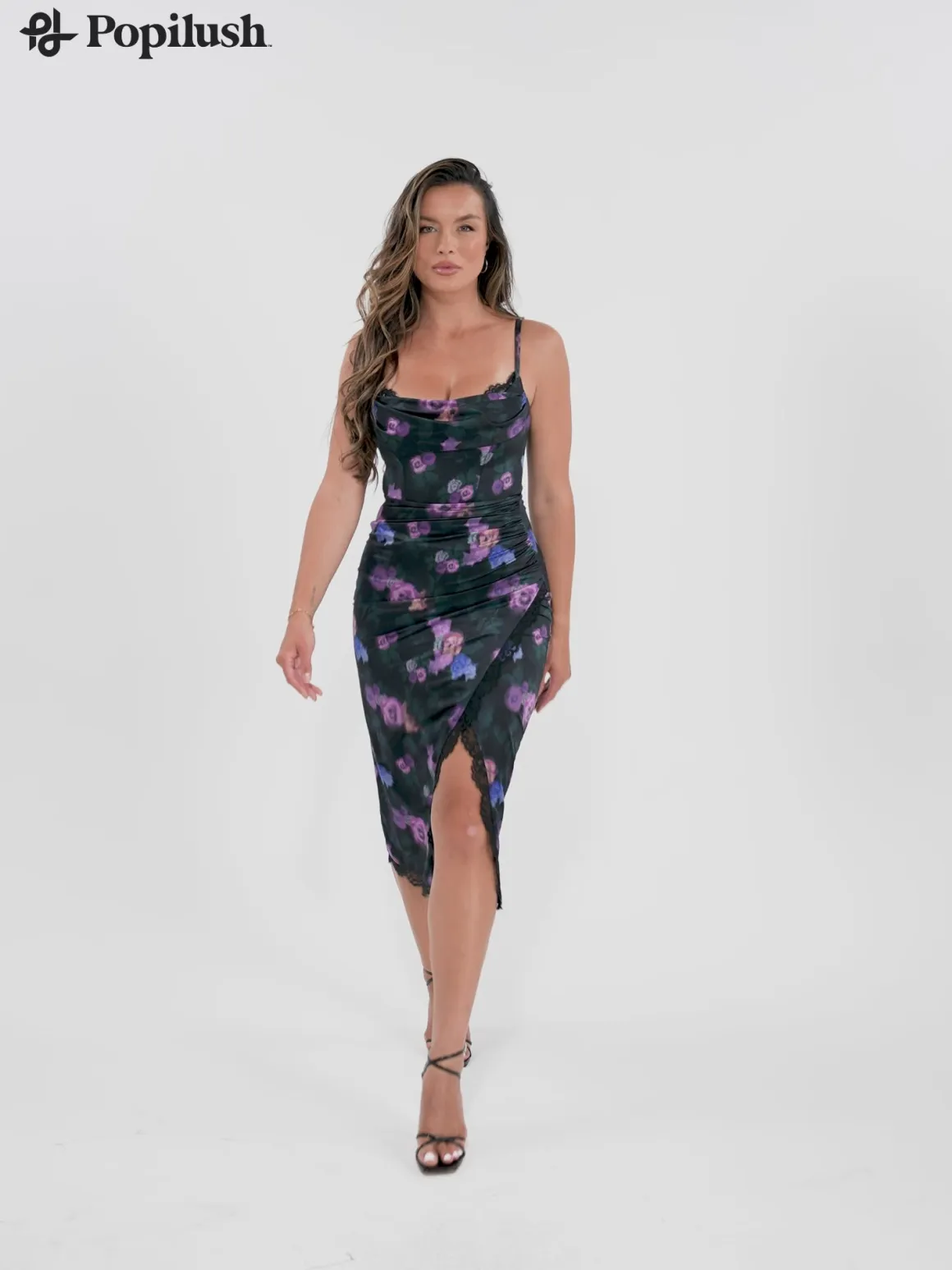 Lace Trim Sculpting Floral-Print Midi Dress