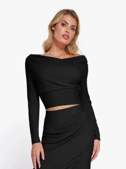 Long-Sleeve Rib Modal Off-the-Shoulder Slimming Crop Top