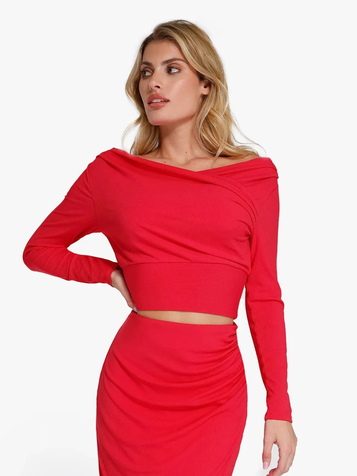Long-Sleeve Rib Modal Off-the-Shoulder Slimming Crop Top