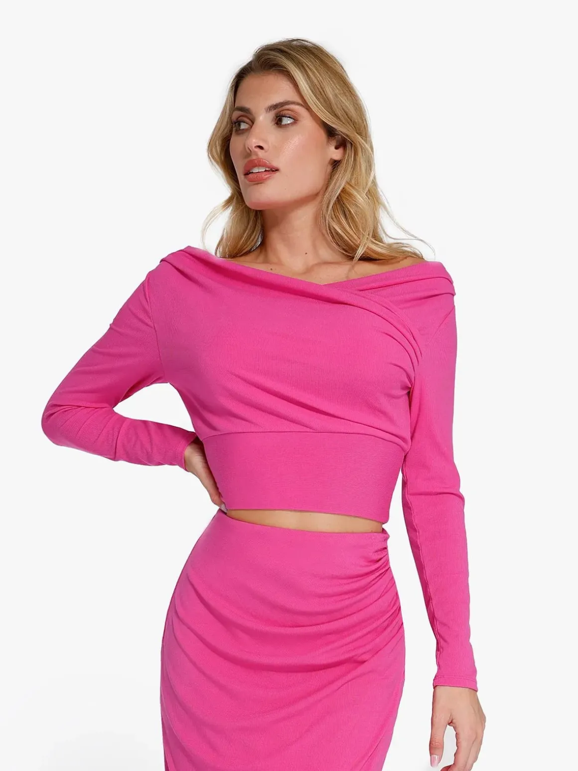 Long-Sleeve Rib Modal Off-the-Shoulder Slimming Crop Top