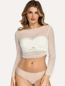 Long Sleeve Ruched Sheer Mesh Crop Top
