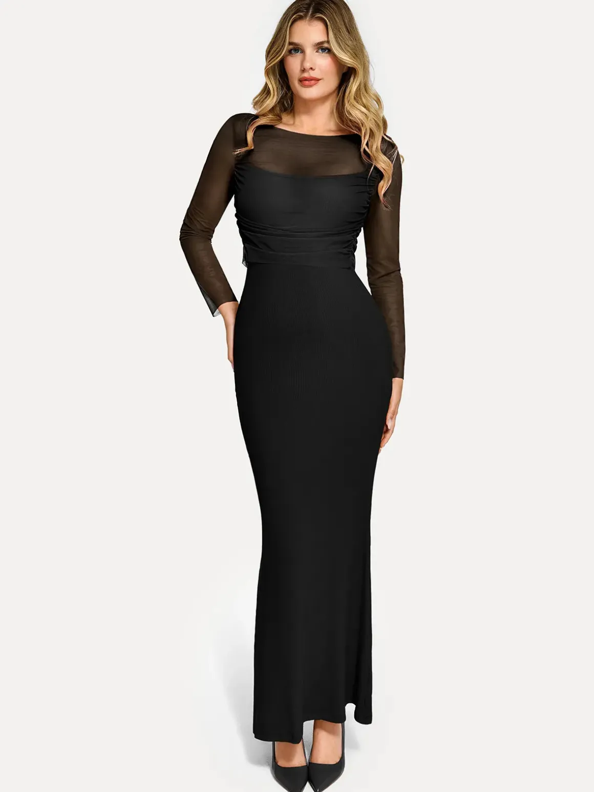 Long Sleeve Ruched Sheer Mesh Crop Top