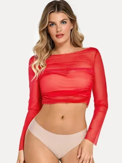 Long Sleeve Ruched Sheer Mesh Crop Top