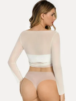 Long Sleeve Ruched Sheer Mesh Crop Top
