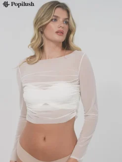 Long Sleeve Ruched Sheer Mesh Crop Top