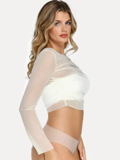 Long Sleeve Ruched Sheer Mesh Crop Top
