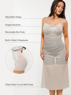Metallic Cowl Neck Side Ruched Sculpting Tummy Control Midi Dress