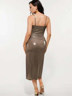 Metallic Cowl Neck Side Ruched Sculpting Tummy Control Midi Dress